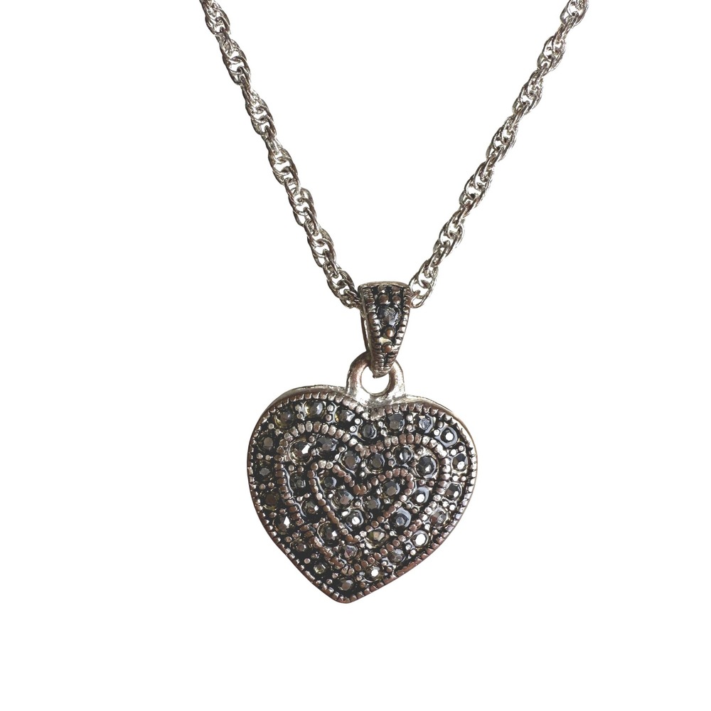 Y2K Gothic‎ Heart Pendant Necklace Marcasite Style Silver Tone Chain Jewelry